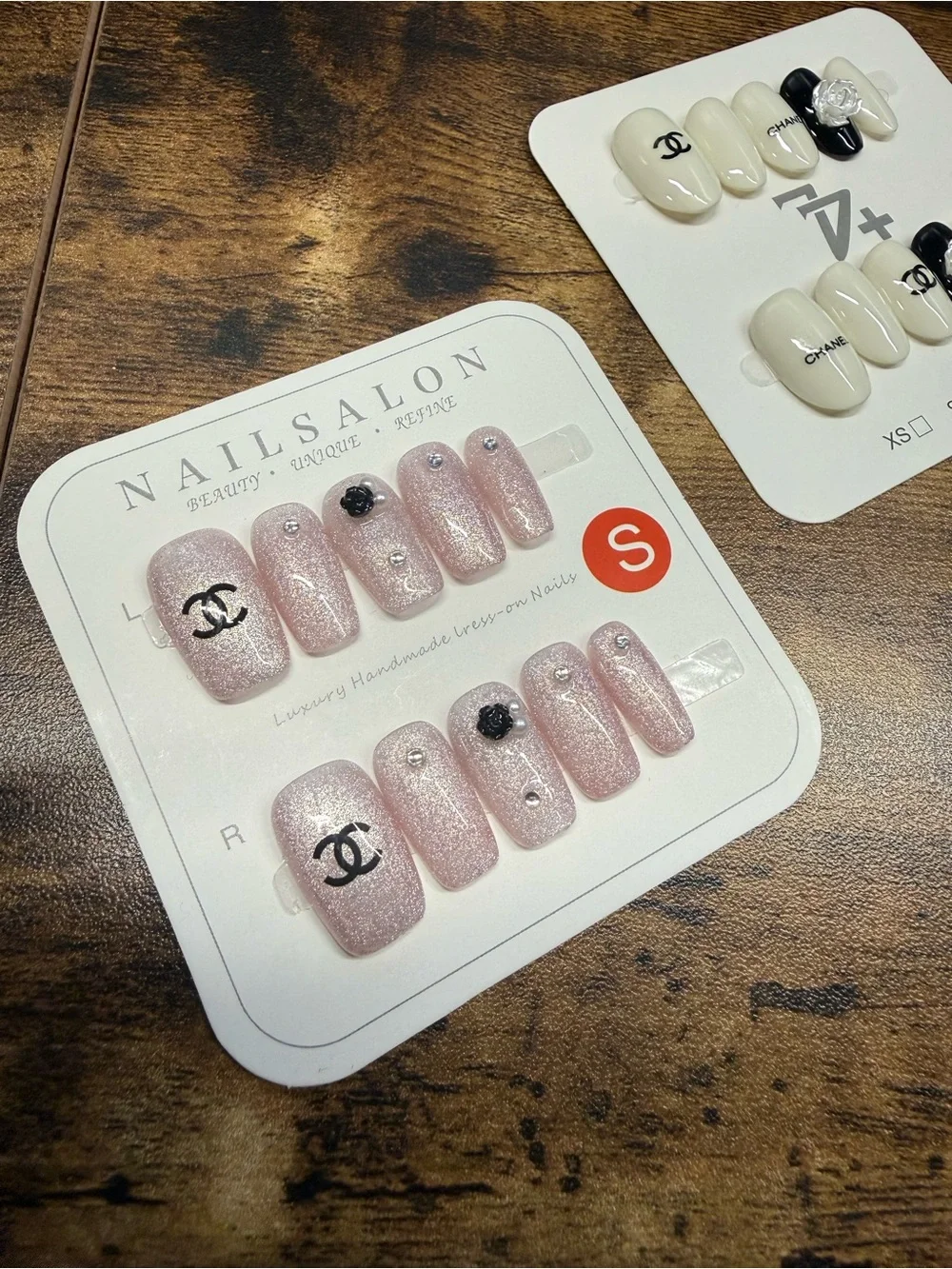 Designer White & Black and Pink Glitter Press-On Nail Sets - Small